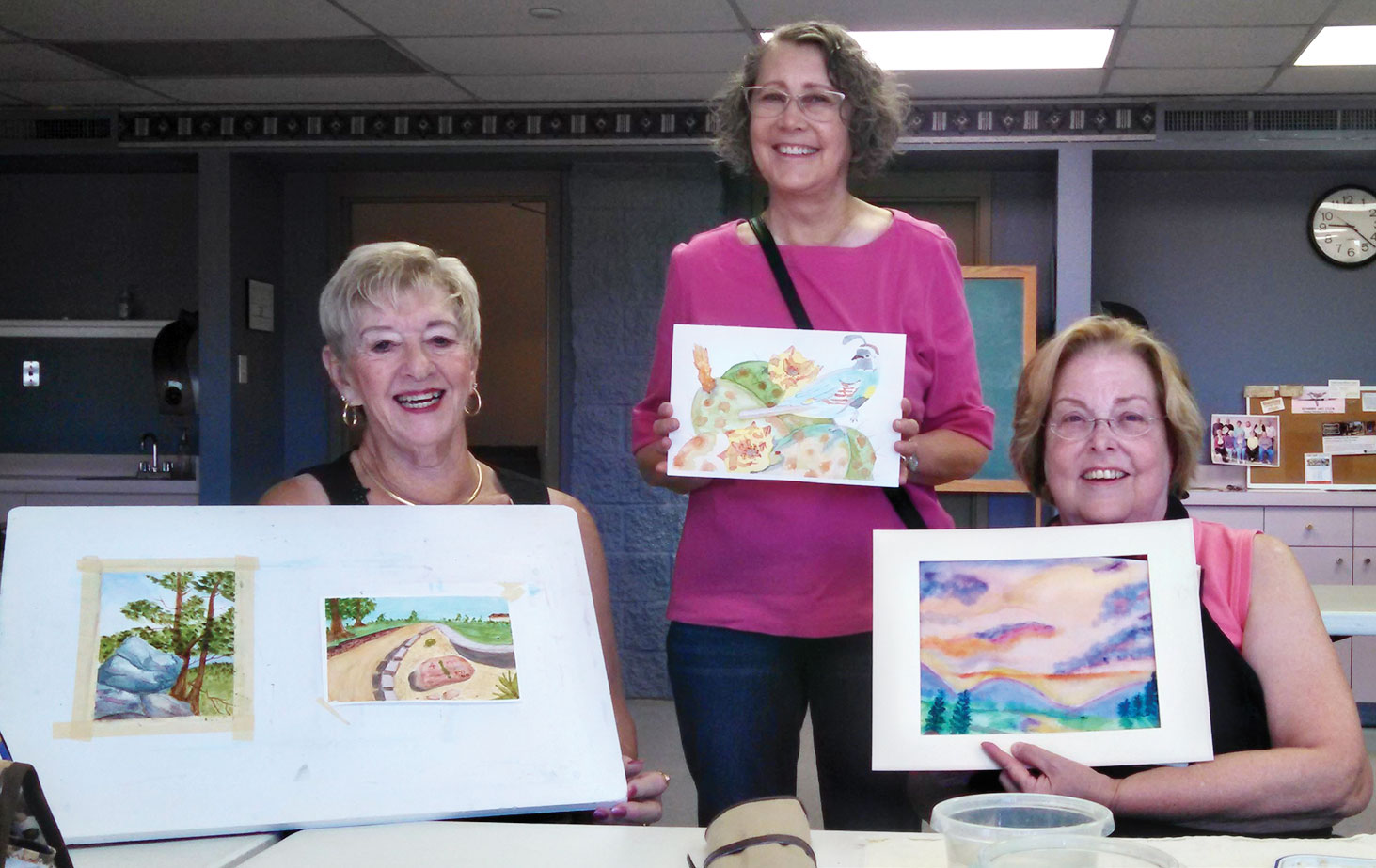 Jean Pritchard, Janice Sparks and Judy Ramberger are shown with watercolors completed later in the year. Notice their exciting use of color. Jean Pritchard, Janice Sparks and Judy Ramberger are shown with watercolors completed later in the year. Notice their exciting use of color.