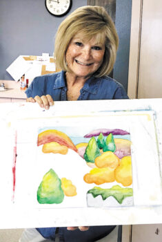 Jean Anderson's art class was doing bright watercolors on the day that Judy Larsen painted this painting.