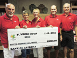 Presenting the check to the SunBird Golf Club are (left to right) Gary Metzger, Eilene Stroahman, Connie Dreyer, Jim Dolwick and George Richardson – SBO Committee. Missing is Jack Cooper.