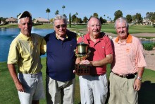 The winners of the Jack Smythe Memorial Golf Challenge Cup for 2015 are (left to right) Geoff Goth, Pete Burstynski, Don Robins and Dennis Allan. The cup was won at the 2015 Sun Lakes Rotary Club Invitational Golf Tournament held at Oakwood CC on March 22.
