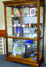 Lapidary Club display case on the second floor of the Clubhouse shows various arts produced in the shop.