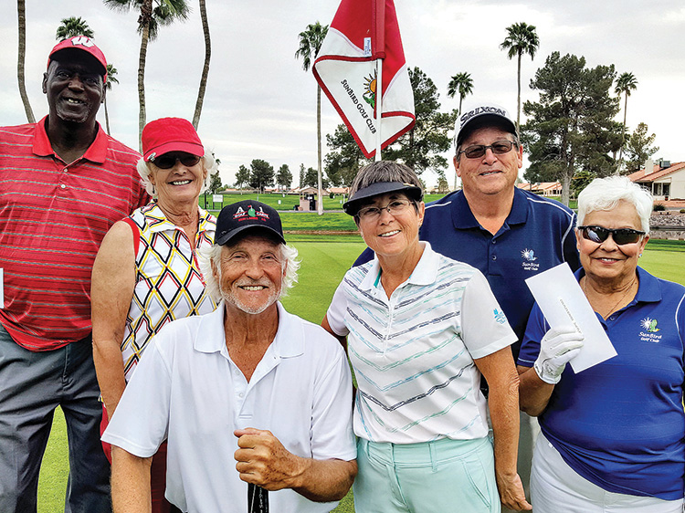 Our winners of the Couples Mixed Gross Shootout are (left to right): 3rd Place: George Jones and Sue Koslofsky, 1st Place: Gary Hall and Cindy Vig, 2nd Place: Gary Hodges and Trish Carrel.