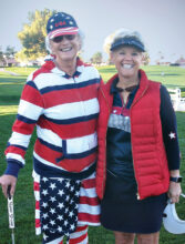 Sue Koslofsky and Julie Anderson, showing some team spirit during our Solheim Cup Tournament last spring.